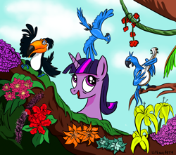 Size: 1024x906 | Tagged: safe, artist:witkacy1994, derpibooru import, twilight sparkle, bird, blu, crossover, flying, gutiar, jewel, macaw, microphone, parrots, rafael, raphael, rio, romance, singing, wistle