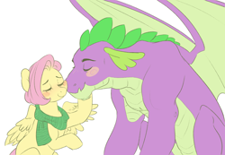 Size: 1434x992 | Tagged: safe, artist:miatsukyyy, fluttershy, spike, dragon, pegasus, pony, alternate hairstyle, crack shipping, eyes closed, female, flutterspike, male, older, older spike, shipping, short hair, simple background, size difference, smiling, straight, winged spike