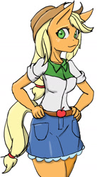 Size: 836x1524 | Tagged: safe, artist:tiroil, applejack, anthro, earth pony, applerack, breasts, clothes, cowboy hat, denim skirt, equestria girls outfit, female, freckles, hand on hip, hat, looking at you, skirt, solo, stetson