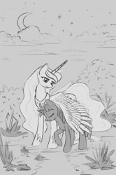 Size: 900x1358 | Tagged: safe, artist:maytee, princess celestia, twilight sparkle, alicorn, pony, unicorn, fanfic:que sera sera, crescent moon, duo, fanfic art, grayscale, hoof shoes, hug, lineart, monochrome, moon, night, sketch, winghug