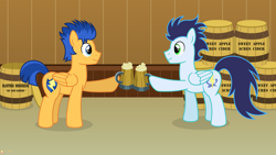 Size: 3840x2160 | Tagged: safe, artist:flashlighthouse, flash sentry, soarin', barrels, cider