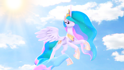 Size: 1920x1080 | Tagged: safe, artist:loveslove, princess celestia, alicorn, pony, 3d, flying, looking at you, praise the sun, sky, smiling, solo, sun