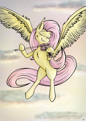 Size: 6000x8486 | Tagged: safe, artist:maneingreen, fluttershy, pegasus, pony, absurd resolution, chest fluff, cloud, eyes closed, female, fiddle, mare, music, sky, solo, spread wings, violin, wings