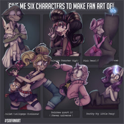 Size: 2000x2000 | Tagged: safe, artist:madamespookie, rarity, anthro, pony, rabbit, unicorn, wolf, animal, anthro with ponies, beastars, belt, chainsaw, cloth, clothes, crossover, draculaura, ear piercing, earring, female, glasses, haru (beastars), heart eyes, hug, jewelry, juliet starling, legosi (beastars), lollipop chainsaw, magic, male, mare, monster high, necktie, out of frame, peace sign, pearl (steven universe), piercing, rainbow quartz 2.0 (steven universe), scared, scissors, shoes, six fanarts, skirt, steven universe, telekinesis, tongue out, unamused, wingding eyes