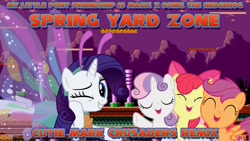 Size: 1280x720 | Tagged: safe, apple bloom, rarity, scootaloo, sweetie belle, pony, unicorn, cutie mark crusaders, eyes closed, female, game, mare, mountain, remix, sega, sega genesis, sega mega drive, song, sonic the hedgehog (series), spring yard zone, wings