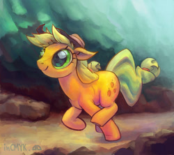 Size: 1152x1024 | Tagged: safe, artist:incmyk, applejack, earth pony, pony, cute, forest, jackabetes, running, solo