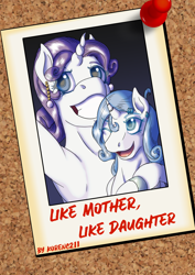 Size: 1240x1754 | Tagged: safe, artist:korencz11, rarity, oc, oc:pearl belle, pony, unicorn, fanfic:like mother like daughter, armpits, ear piercing, earring, fanfic, fanfic art, fanfic cover, jewelry, offspring, parent:fancypants, parent:rarity, parents:raripants, photo, piercing, polaroid