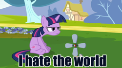 Size: 500x280 | Tagged: safe, derpibooru import, edit, edited screencap, screencap, twilight sparkle, unicorn twilight, pony, unicorn, hurricane fluttershy, anemometer, female, grumpy twilight, hate, image macro, mare, meme, sitting, solo