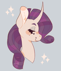 Size: 680x788 | Tagged: safe, artist:carebeartastic, rarity, pony, unicorn, blue background, blushing, bust, curved horn, ear fluff, female, horn, lidded eyes, mare, portrait, profile, simple background, solo, sparkles