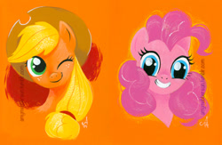 Size: 600x392 | Tagged: safe, artist:amy mebberson, applejack, pinkie pie, earth pony, pony, blonde mane, duo, female, mare, orange coat, pink coat, pink mane