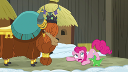 Size: 1280x720 | Tagged: safe, screencap, gummy, pinkie pie, prince rutherford, alligator, earth pony, pony, yak, not asking for trouble, cloven hooves, crown, ear piercing, earring, female, horn ring, jewelry, male, piercing, regalia