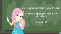 Size: 1024x575 | Tagged: safe, edit, edited screencap, screencap, fluttershy, a little birdie told me, better together, equestria girls, chalk, chalkboard, grammar error