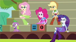 Size: 1920x1080 | Tagged: safe, edit, edited screencap, screencap, applejack, fluttershy, pinkie pie, rarity, spike, dog, equestria girls, spike the dog