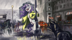 Size: 1920x1080 | Tagged: safe, artist:elisdoominika, rarity, pony, unicorn, car, chest fluff, city, clothes, cloud, cloudy, crying, eyes closed, eyeshadow, horn, lamp, makeup, manehattan, mascara, open clothes, open mouth, rain, raincoat, singing, singing in the rain, smiling, solo, storm, street, tears of joy, wet, wet mane