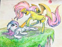 Size: 1024x774 | Tagged: safe, artist:shotsyshotsy, fluttershy, rarity, bat pony, pony, unicorn, female, flutterbat, looking at each other, mare, race swap, spread wings, traditional art, watermark, wings