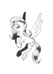 Size: 2370x3312 | Tagged: safe, artist:shoeunit, fluttershy, pegasus, pony, female, looking away, looking sideways, mare, monochrome, simple background, solo, spread wings, traditional art, white background, wings