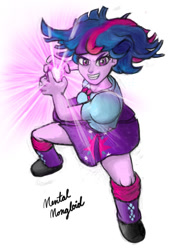 Size: 613x900 | Tagged: safe, artist:mentalmongloid, derpibooru import, twilight sparkle, equestria girls, action pose, dragon ball z, grin, hilarious in hindsight, kamehameha, looking at you, magic, smirk, solo, super saiyan princess