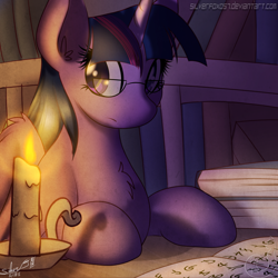 Size: 2000x2000 | Tagged: safe, artist:silverfox057, derpibooru import, twilight sparkle, twilight sparkle (alicorn), alicorn, pony, candle, female, fire, glasses, looking at you, mare, reading, solo