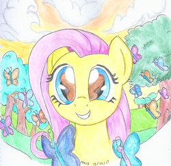 Size: 790x764 | Tagged: safe, artist:astevenamedwolf, fluttershy, butterfly, pegasus, pony, the cutie mark chronicles, bust, eye reflection, female, filly, filly fluttershy, mare, portrait, reflection, scene interpretation, smiling, so many wonders, solo, traditional art, tree, younger