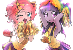 Size: 1300x900 | Tagged: safe, artist:quizia, derpibooru import, pinkie pie, twilight sparkle, twilight sparkle (alicorn), alicorn, equestria girls, rainbow falls, :o, armpits, blushing, cheerleader, cheerleader pinkie, cheerleader sparkle, clothes, cute, diapinkes, female, light, looking at you, moe, one eye closed, open mouth, quizia is trying to murder us, simple background, skirt, smiling, twiabetes, white background, wink
