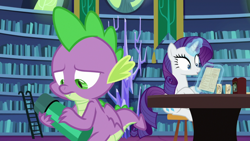 Size: 1920x1080 | Tagged: safe, screencap, rarity, spike, dragon, pony, unicorn, dragon dropped, female, horn, male, mare