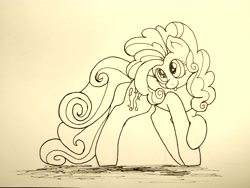 Size: 4640x3480 | Tagged: safe, artist:mang, pinkie pie, earth pony, pony, alternate hairstyle, inktober, monochrome, poofy pie, solo, tongue out