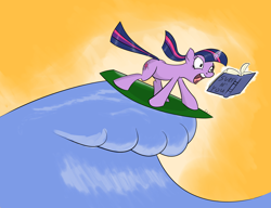 Size: 2480x1901 | Tagged: safe, artist:rankao, derpibooru import, twilight sparkle, book, magic, reading, solo, surfing