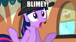 Size: 890x500 | Tagged: safe, derpibooru import, edit, edited screencap, screencap, twilight sparkle, mmmystery on the friendship express, britpie insults, image macro, meme