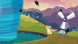 Size: 1280x720 | Tagged: safe, derpibooru import, screencap, fluttershy, spike, twilight sparkle, unicorn twilight, dragon, pegasus, pony, unicorn, hurricane fluttershy, anemometer, female, goggles, mare, ponyville reservoir, tornado, water