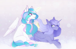 Size: 1024x671 | Tagged: safe, artist:velirenrey, princess celestia, princess luna, alicorn, pony, alternate hairstyle, braided tail, comb, cute, cutelestia, duo, ear fluff, eye clipping through hair, female, lunabetes, magic, mare, missing cutie mark, one eye closed, open mouth, pigtails, profile, prone, royal sisters, shoulder fluff, siblings, sisters, sitting, telekinesis, twintails, wing fluff