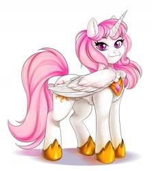 Size: 1600x1800 | Tagged: safe, artist:arinadler, princess celestia, alicorn, pony, female, hoof shoes, peytral, pink-mane celestia, signature, simple background, smiling, solo, white background, younger