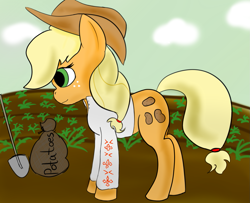 Size: 1331x1080 | Tagged: safe, artist:lsimo, applejack, earth pony, pony, alternate cutie mark, alternate universe, clothes, farming, food, potato, shirt, solo