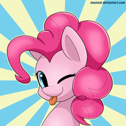 Size: 4000x4000 | Tagged: safe, artist:neoncel, pinkie pie, earth pony, pony, :p, absurd resolution, bust, cute, diapinkes, female, mare, one eye closed, portrait, solo, sunburst background, tongue out, wink