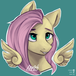 Size: 1500x1500 | Tagged: safe, artist:varllai, fluttershy, pegasus, pony, bust, female, green background, head, mare, portrait, simple background, smiling, solo, wings