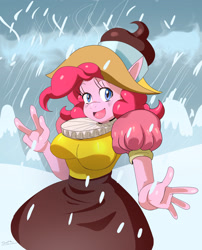 Size: 2303x2846 | Tagged: safe, artist:traupa, chancellor puddinghead, pinkie pie, anthro, breasts, clothes, collar, elizabethan, female, looking at you, pinkie pies, ruff (clothing), smiling, snow, snowfall, solo