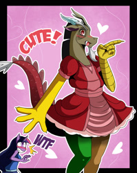 Size: 1369x1722 | Tagged: safe, artist:ss2sonic, derpibooru import, discord, twilight sparkle, unicorn twilight, anthro, draconequus, unicorn, blushing, crossdressing, cute, discute, female, male