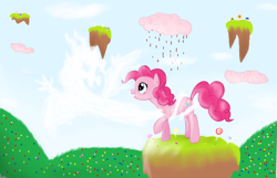 Size: 6280x4056 | Tagged: safe, artist:mr100dragon100, pinkie pie, earth pony, pony, absurd resolution, candy, chocolate, chocolate rain, cloud, cotton candy, cotton candy cloud, floating island, food, happy, rain, smiling, solo