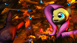 Size: 3840x2160 | Tagged: safe, artist:wiizzie, fluttershy, butterfly, pegasus, pony, rabbit, 3d, high res, solo, tree