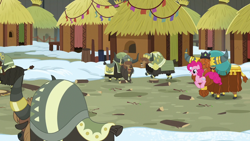 Size: 1280x720 | Tagged: safe, screencap, pinkie pie, prince rutherford, pony, yak, not asking for trouble, cloven hooves, female, hut, log, male, pronking, snow, stomping, yickslubertfest