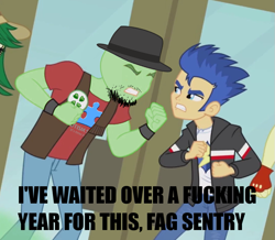 Size: 775x675 | Tagged: safe, edit, screencap, flash sentry, sweet leaf, oc, oc:anon, equestria girls, /mlp/, 4chan, autism, autism speaks, background human, fedora shaming, fight, hat, neckbeard, slur, stereotype, trilby, vulgar