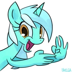 Size: 504x504 | Tagged: safe, artist:yikomega, lyra heartstrings, pony, hand, looking at you, open mouth, silly, silly pony, simple background, smiling, solo, suddenly hands, thumb trick, white background