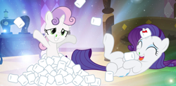 Size: 1916x942 | Tagged: safe, artist:pixeltripper, edit, rarity, sweetie belle, pony, unicorn, bed, blood, carousel boutique, coronavirus, covid-19, duo, female, filly, food, impalement, marshmallow, rarity is a marshmallow, sick, snot, sweetie belle is a marshmallow too, wat