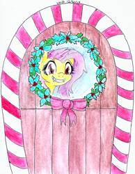 Size: 777x1000 | Tagged: safe, artist:astevenamedwolf, fluttershy, bat pony, pony, christmas wreath, cute, door, fangs, flutterbat, grin, holly, looking at you, messy mane, race swap, red eyes, shyabetes, smiling, solo, squee, traditional art, window, wreath