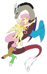 Size: 1173x1861 | Tagged: safe, artist:monogy, discord, fluttershy, draconequus, pegasus, pony, eyes closed, female, floppy ears, friends, hug, male, mare, simple background, smiling, transparent background, wings