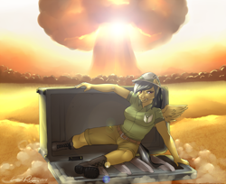 Size: 1200x981 | Tagged: safe, artist:touchofsnow, daring do, anthro, plantigrade anthro, atomic bomb, big breasts, boots, breasts, clothes, female, indiana jones, indiana jones and the kingdom of the crystal skull, mushroom cloud, narm, parody, refrigerator, shoes, solo