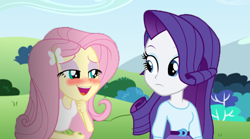 Size: 1000x556 | Tagged: safe, artist:bigpurplemuppet99, fluttershy, rarity, equestria girls, blushing, female, flarity, implied flarity, implied lesbian, implied shipping, lesbian, shipping