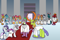 Size: 2048x1365 | Tagged: safe, artist:platinumdrop, apple bloom, babs seed, button mash, garble, ocellus, pharynx, princess ember, rarity, rumble, scootaloo, smolder, spike, sweetie belle, tender taps, thorax, changedling, changeling, dragon, pony, unicorn, the last problem, adult, changedling brothers, female, future, gigachad spike, king thorax, male, marriage, older, older spike, prince pharynx, request, shipping, spikebelle, straight, wedding