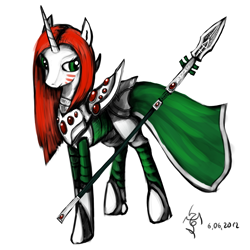 Size: 2000x2000 | Tagged: safe, artist:dalagar, unicorn, armor, biel tan, clothes, dawn of war, eldar, farseer, farseer macha, female, mare, ponified, simple background, solo, spear, warhammer (game), warhammer 40k, white background