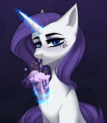 Size: 2000x2300 | Tagged: safe, artist:villjulie, rarity, pony, unicorn, drinking, female, glowing horn, horn, magic, mare, milkshake, purple background, simple background, solo, speedpaint available, telekinesis