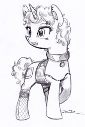 Size: 497x736 | Tagged: safe, artist:trips-ocho, oc, oc only, pony, unicorn, bandaid, clothes, collar, corset, ear piercing, fishnet stockings, horn, lineart, looking back, monochrome, piercing, raised hoof, simple background, solo, traditional art, unicorn oc, white background